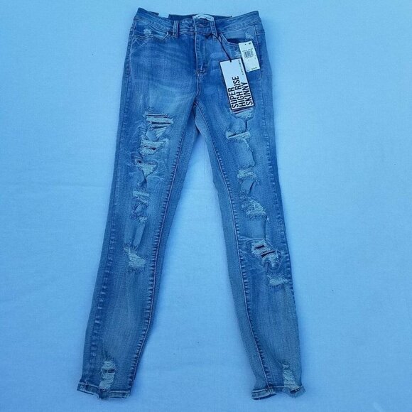 WOMEN'S Almost Famous Hi-Rise Distressed Super Skinny. Size 5. New With Defect - Picture 2 of 9